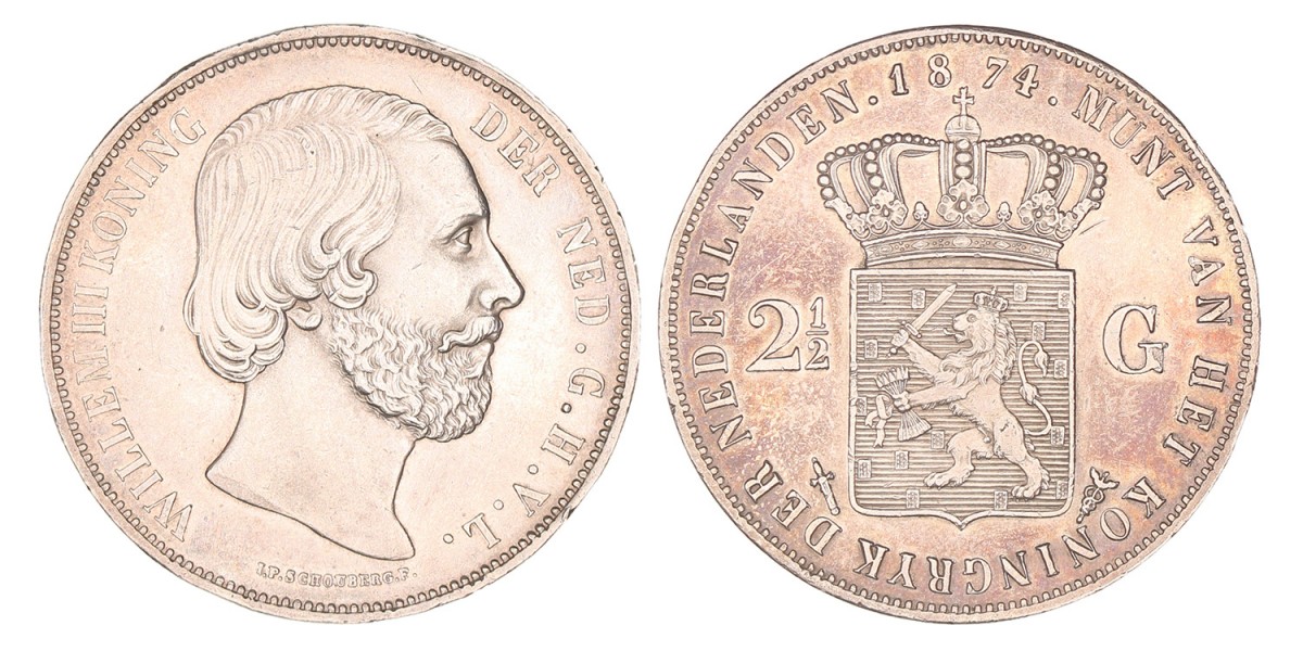 2½ Gulden. Willem III. 1874. Prachtig.