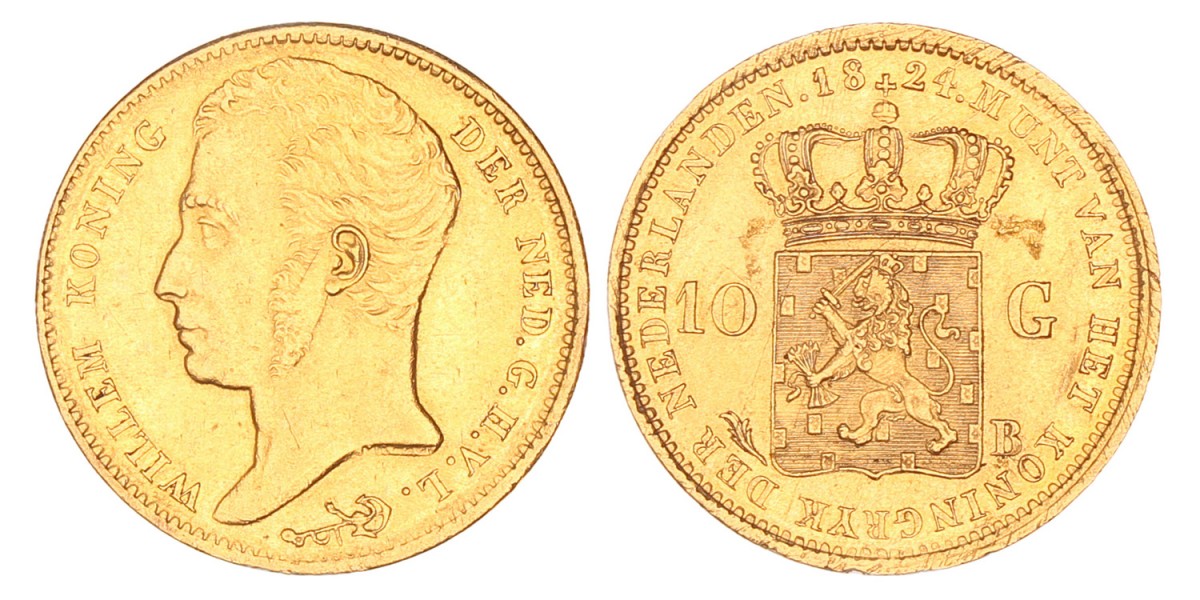10 gulden goud. Willem I. 1824 B. Prachtig -.