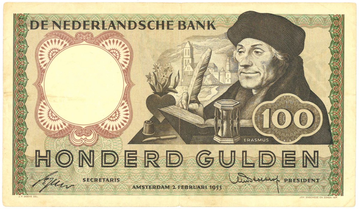 Nederland. 100 gulden. Erasmus. Type 1953. - Zeer Fraai.