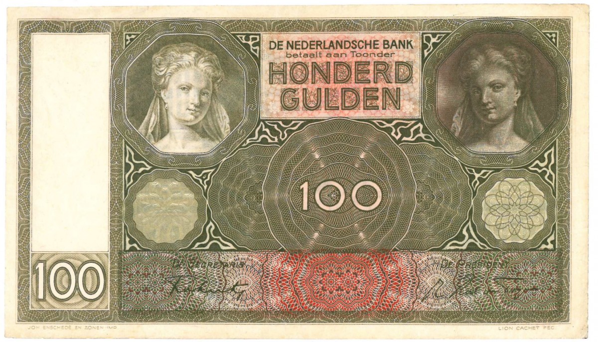 Nederland. 100 gulden. Luitspelende vrouw. Type 1930. - Zeer Fraai.