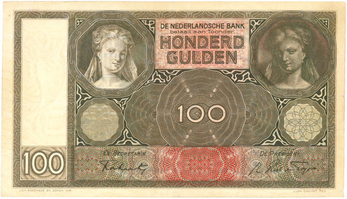 Nederland. 100 gulden. Luitspelende vrouw. Type 1930. - Zeer Fraai.