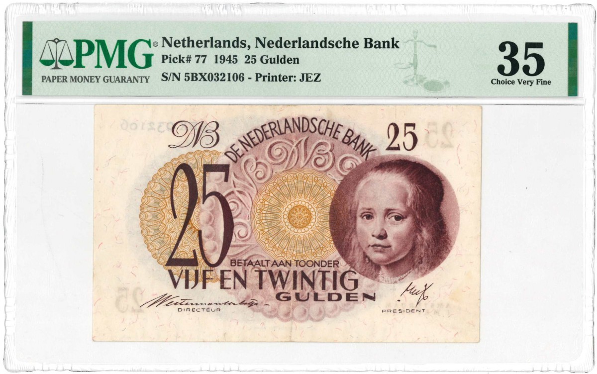 Nederland. 25 gulden. Meisje in blauw. Type 1945. - Zeer Fraai.