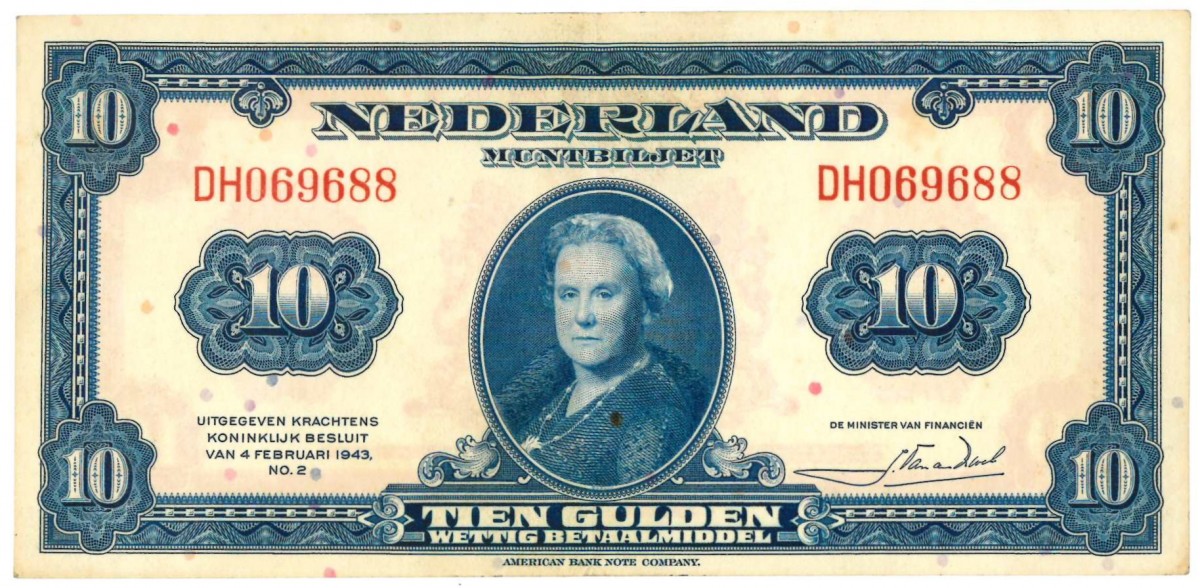 Nederland. 10 gulden. Wilhelmina. Type 1943 II. - Prachtig -.