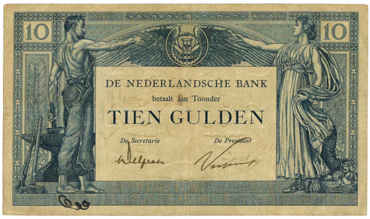 Nederland. 10 gulden. Arbeid en Welvaart II. Type 1921. - Fraai / Zeer Fraai.