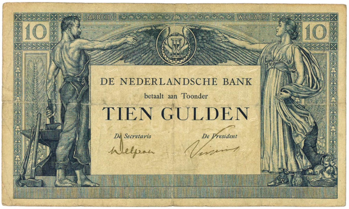 Nederland. 10 gulden. Arbeid en Welvaart. Type 1921. - Fraai / Zeer Fraai