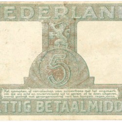 Nederland. 5 gulden. Zilverbon. Type 1944. - Zeer Fraai +.