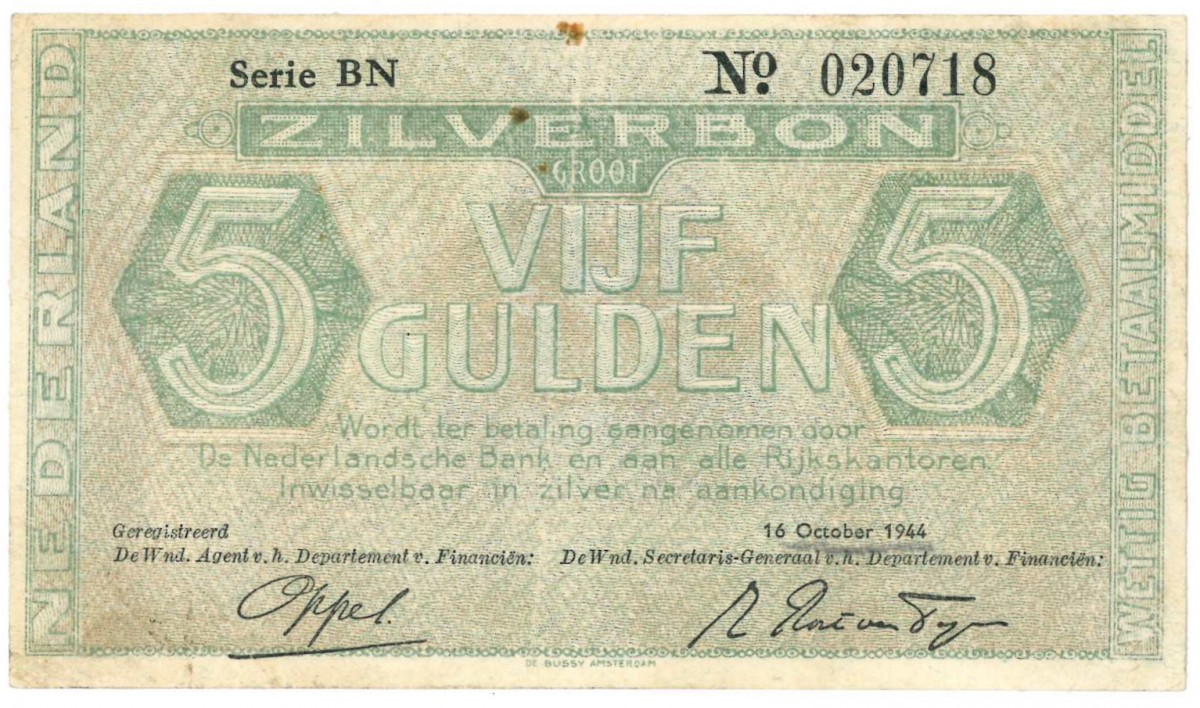 Nederland. 5 gulden. Zilverbon. Type 1944. - Zeer Fraai +.