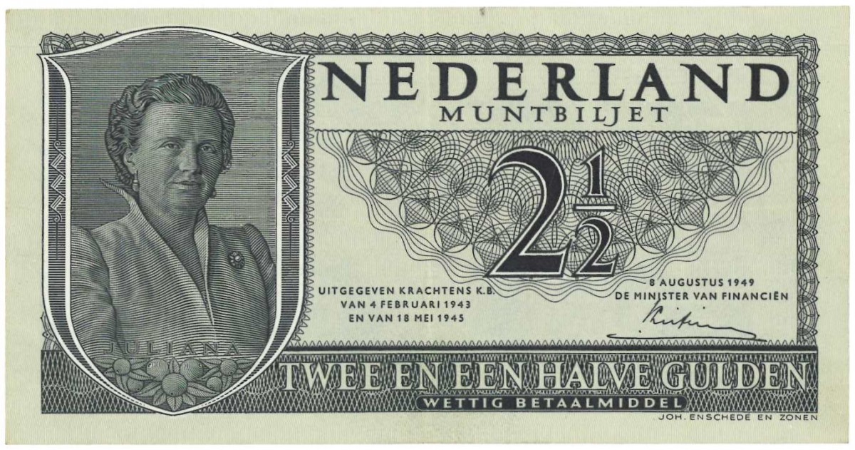 Nederland. 2½ gulden. Juliana. 3 letters. Type 1949. - Zeer Fraai/Prachtig.