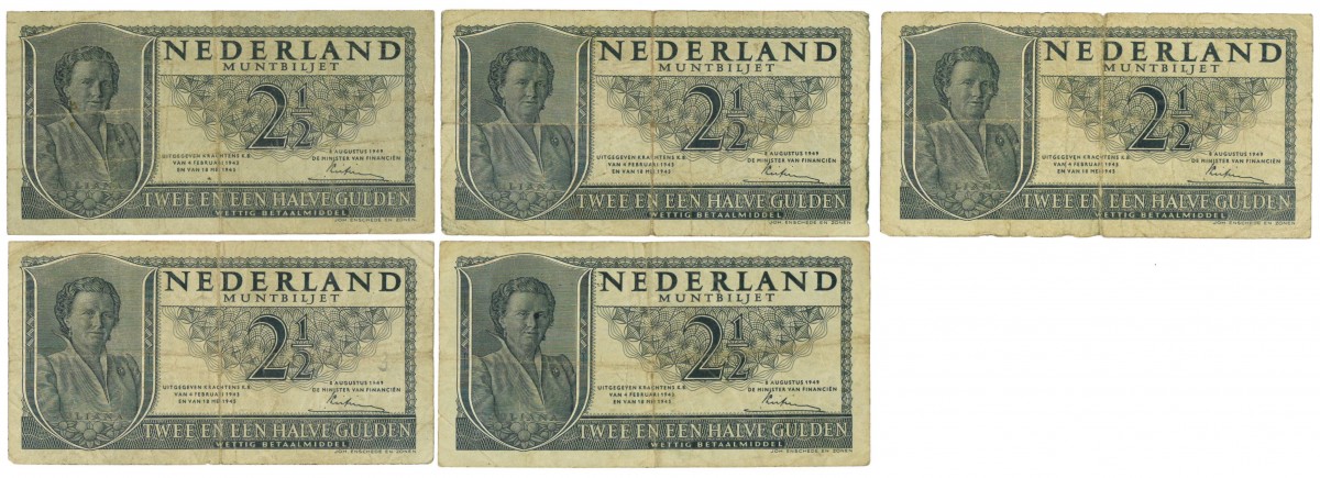 Nederland. 5x 2½ gulden. Juliana. - gem. Fraai.