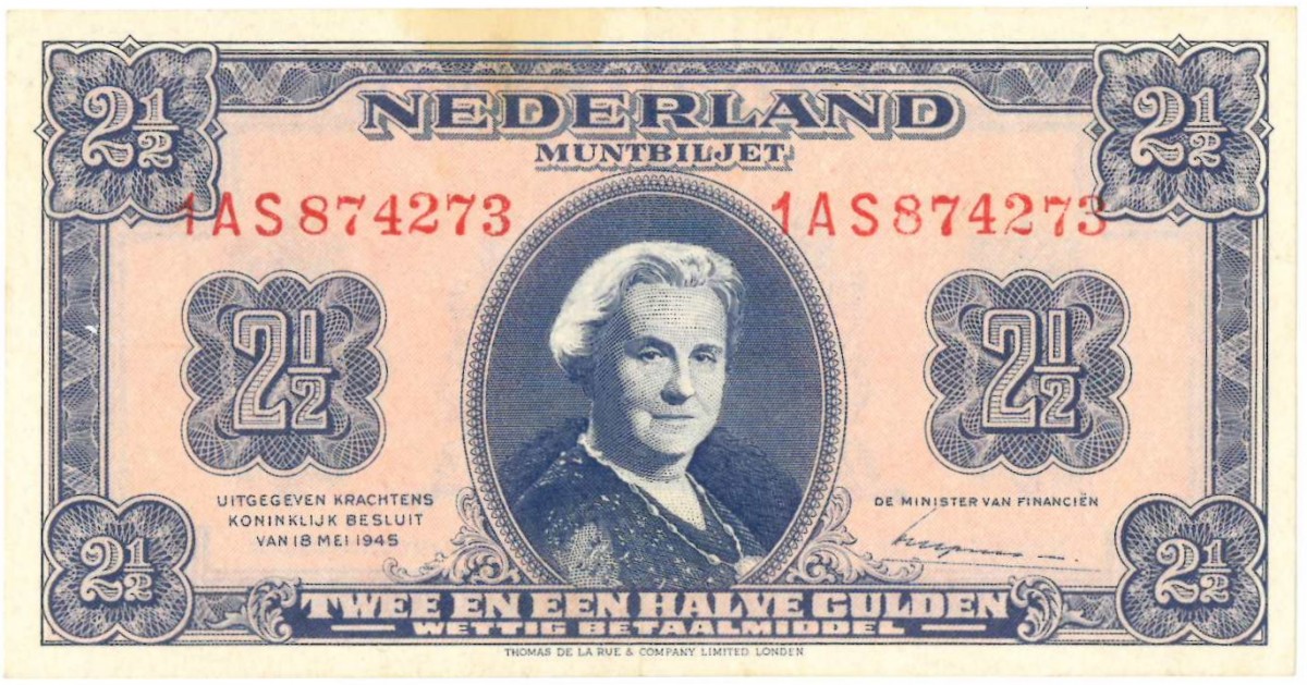 Nederland. 2½ gulden. Wilhelmina II. Serie 1945. - Zeer Fraai/Prachtig.
