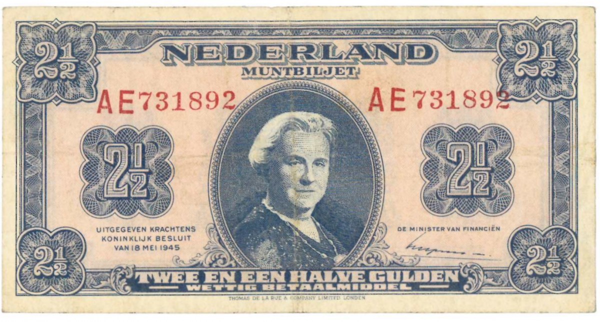 Nederland. 2½ gulden. Wilhelmina II. Type 1945. - Zeer Fraai +.