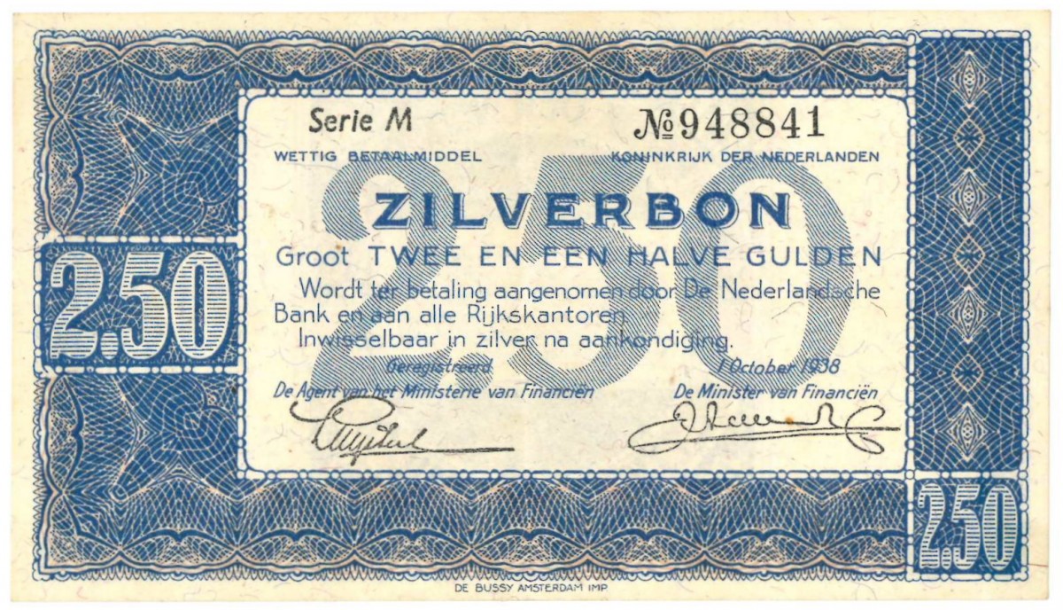 Nederland. 2½ gulden. Zilverbon. Type 1938. - Zeer Fraai +.