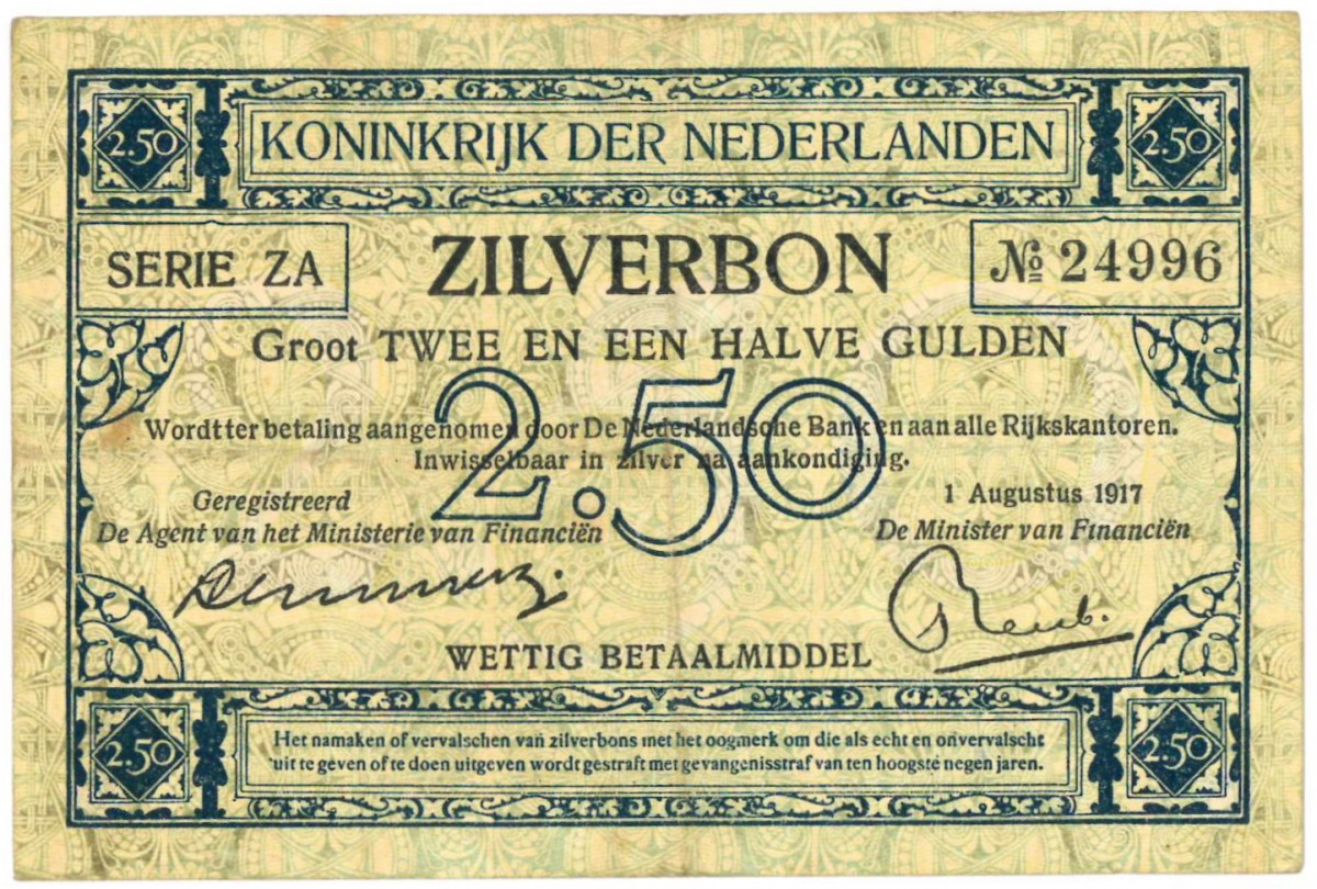 Nederland. 2½ gulden. Zilverbon. Type 1915. - Zeer Fraai.