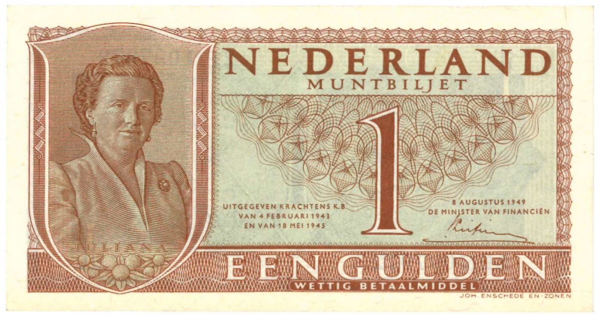 Nederland. 1 gulden. Juliana. Type 1949. - Zeer Fraai +.