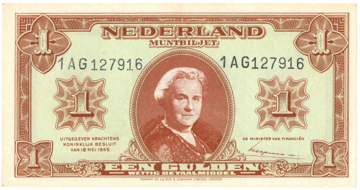 Nederland. 1 Gulden. Wilhelmina II. Type 1945. - Zeer Fraai +.