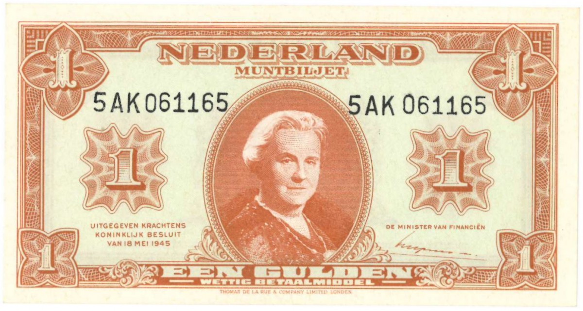 Nederland. 1 Gulden. Wilhelmina II. Type 1945. - Nagenoeg UNC.