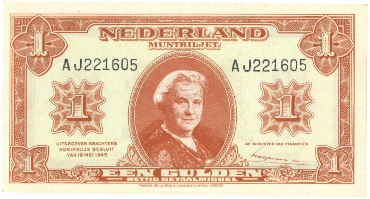 Nederland. 1 Gulden. Wilhelmina II. Type 1945. - Nagenoeg UNC.