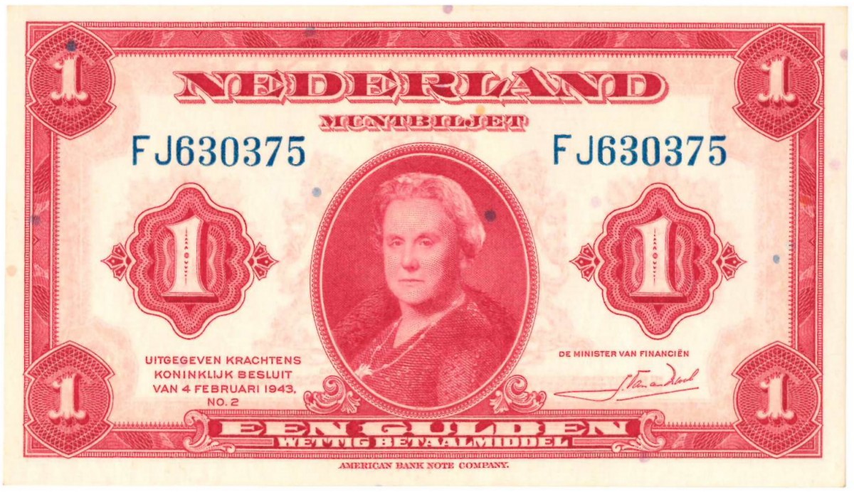 Nederland. 1 Gulden. Wilhelmina I. Type 1943. - Prachtig.