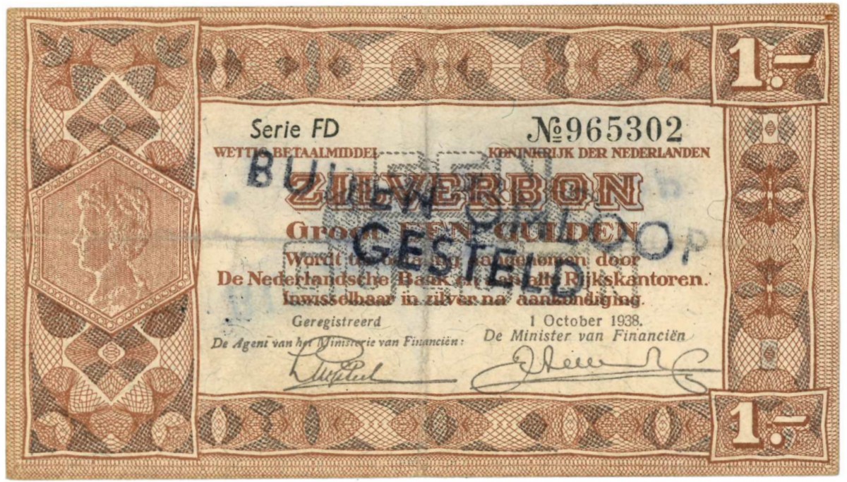 Nederland. 1 Gulden. Zilverbon. Type 1938. - Zeer Fraai.