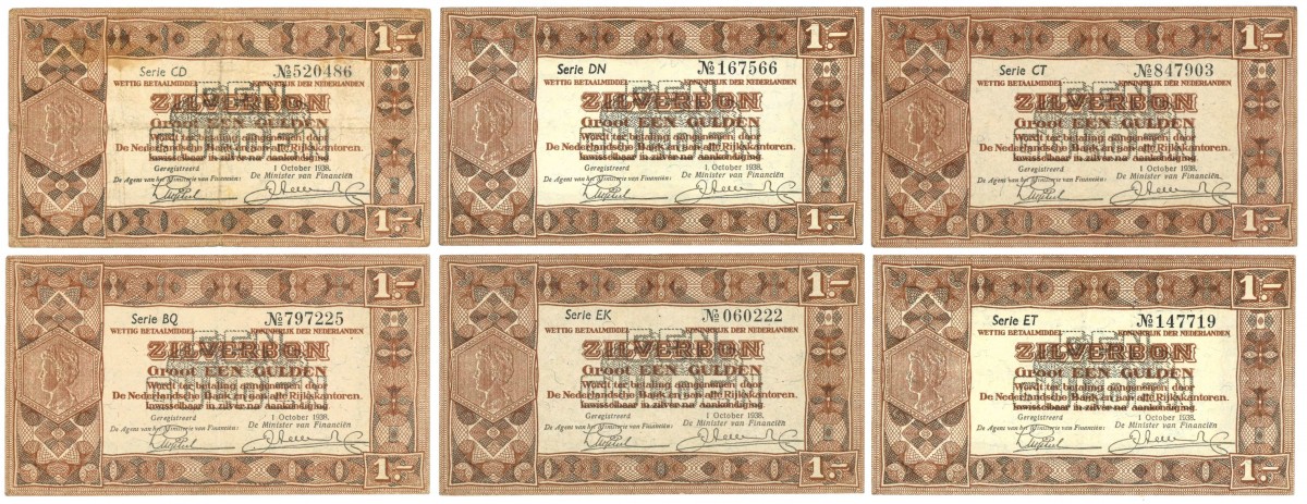Nederland. 6x 1 gulden. Zilverbon. Type 1938. - Zeer Fraai +.