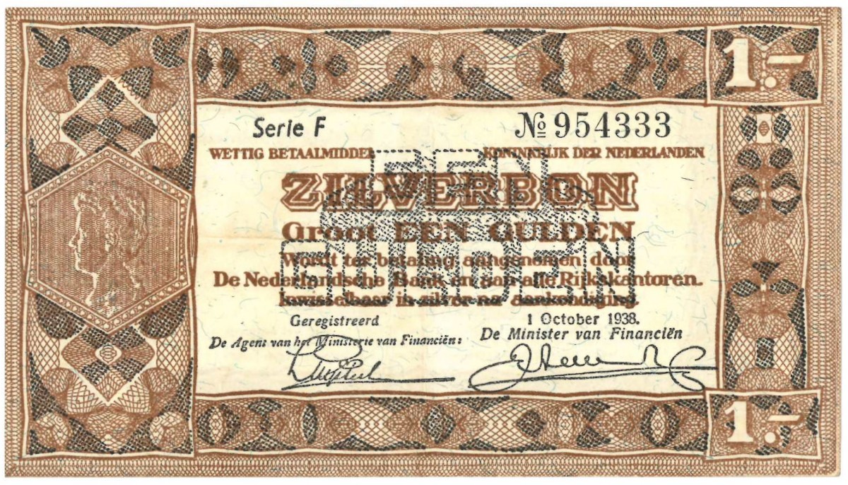 Nederland. 1 gulden. Zilverbon. Type 1938. - Zeer Fraai +.