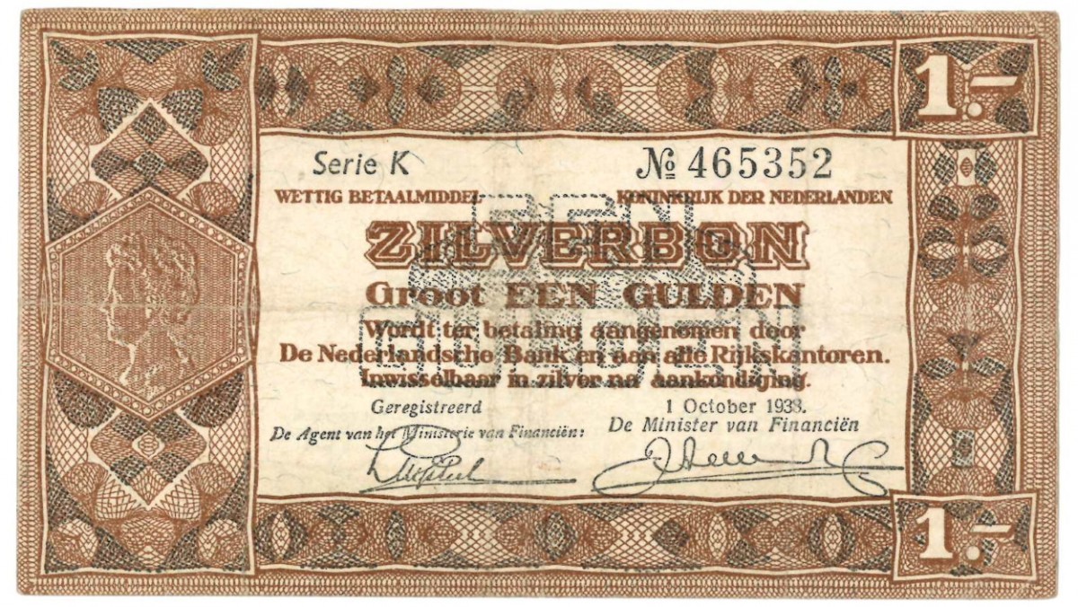 Nederland. 1 gulden. Zilverbon. Type 1938. - Zeer Fraai-.