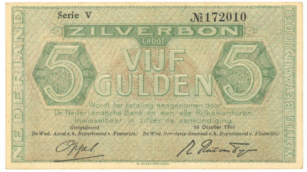 Nederland. 5 gulden. Zilverbon. Type 1944. - Zeer Fraai -