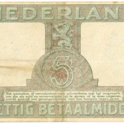 Nederland. 5 gulden. Zilverbon. Type 1944. - Zeer Fraai -