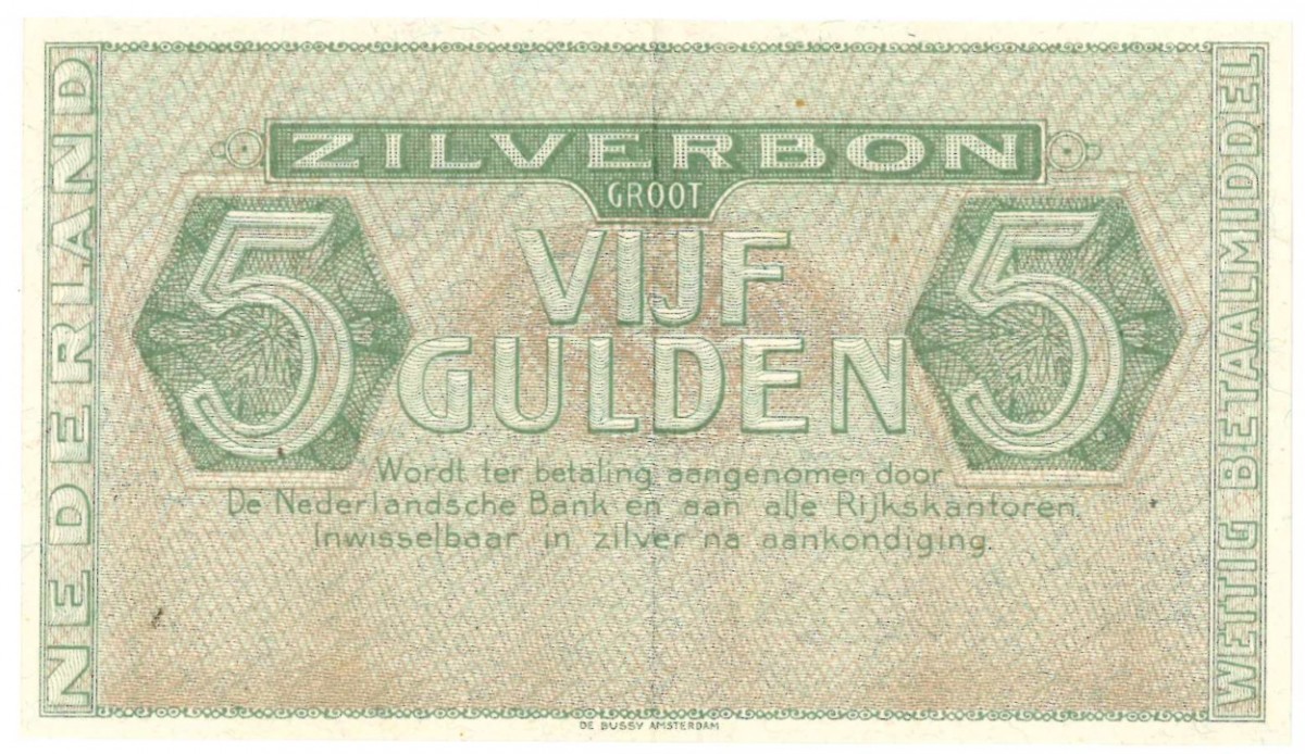 Nederland. 5 gulden. Zilverbon. Type 1944. - Zeer Fraai +.