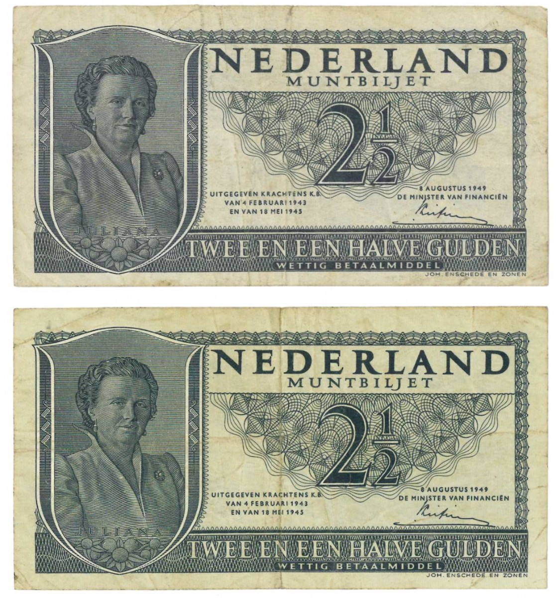 Nederland. 2x 2½ gulden. Juliana. Type 1949. - Fraai.