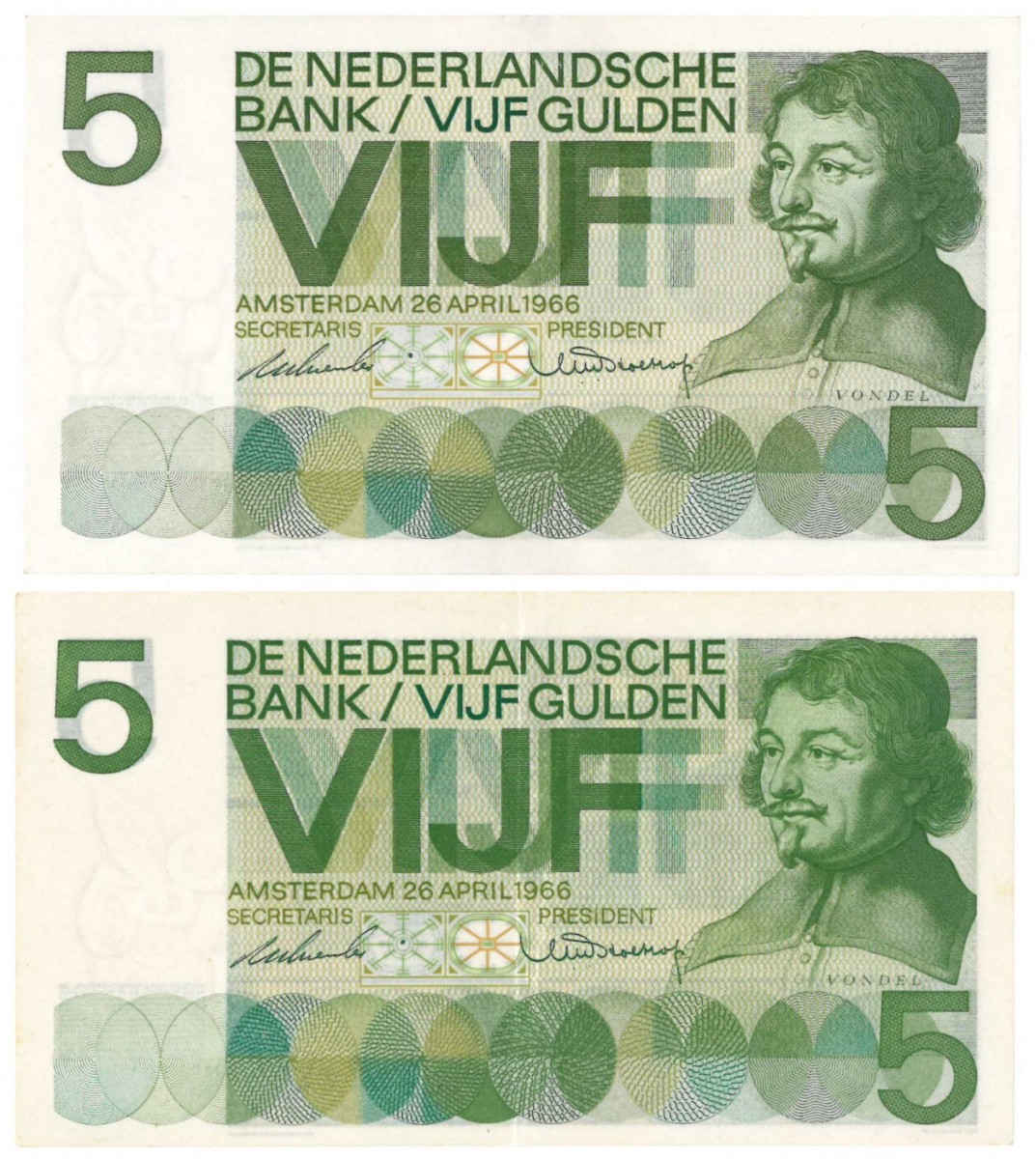 Nederland. 2x 5 gulden. Vondel I. Type 1966. - Zeer Fraai / Prachtig.