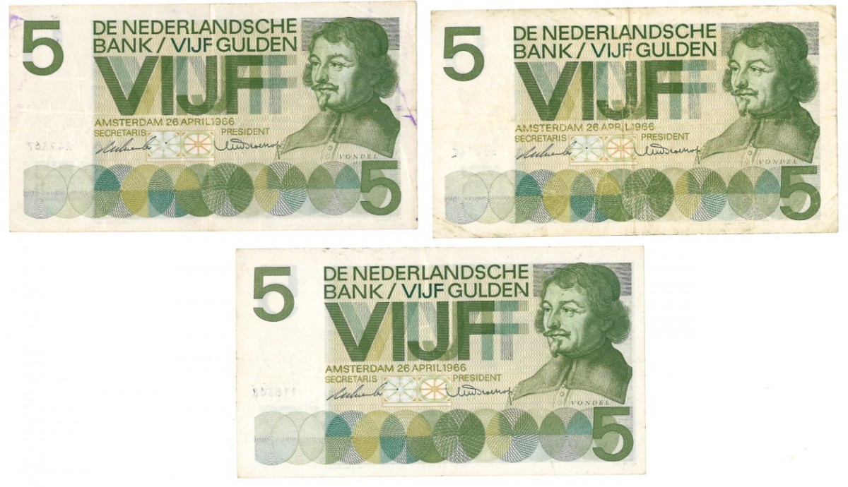 Nederland. 3x 5 gulden. Vondel I. Type 1966. - Fraai.