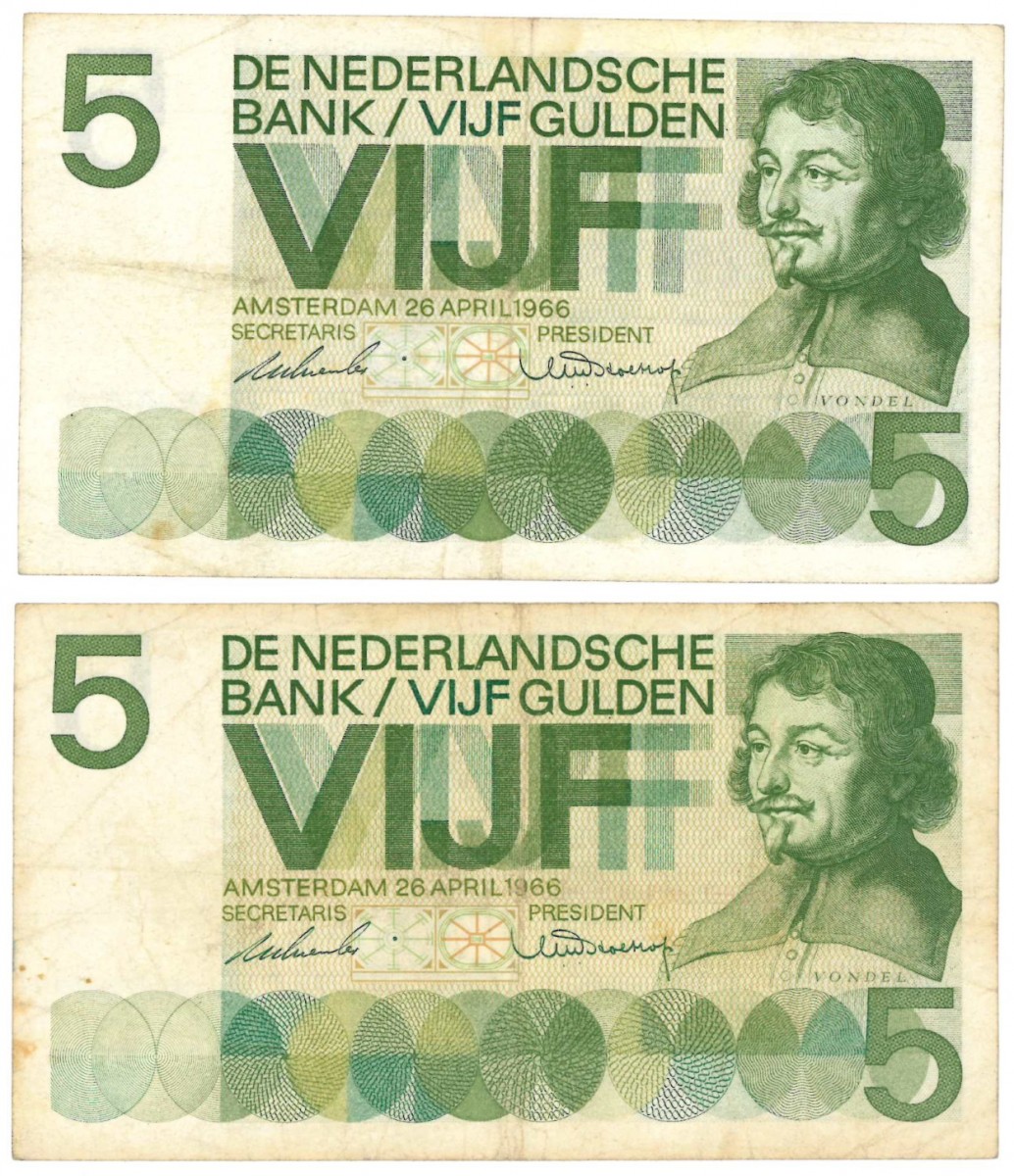 Nederland. 2x 5 gulden. Vondel I. Type 1966. - Fraai -.