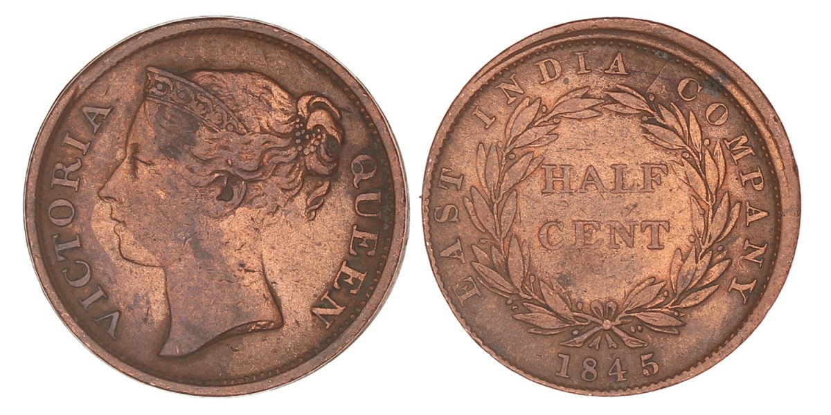 India. British colony. Victoria. ½ Cent. 1845.