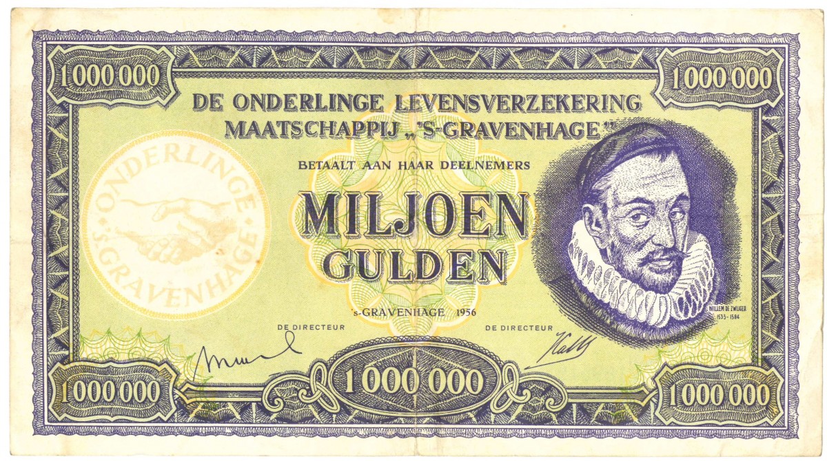 Nederland. 1.000.000 gulden. Waardecheque. 1956. Verz.Mij. 's Gravenhage. - Very Fine.