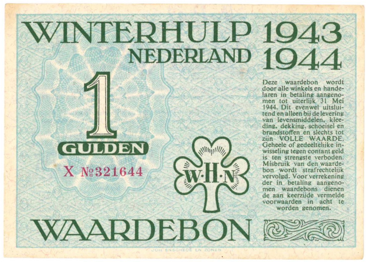 Nederland. 1 gulden. Waardebon. Type 1943-1944. - Nagenoeg UNC.