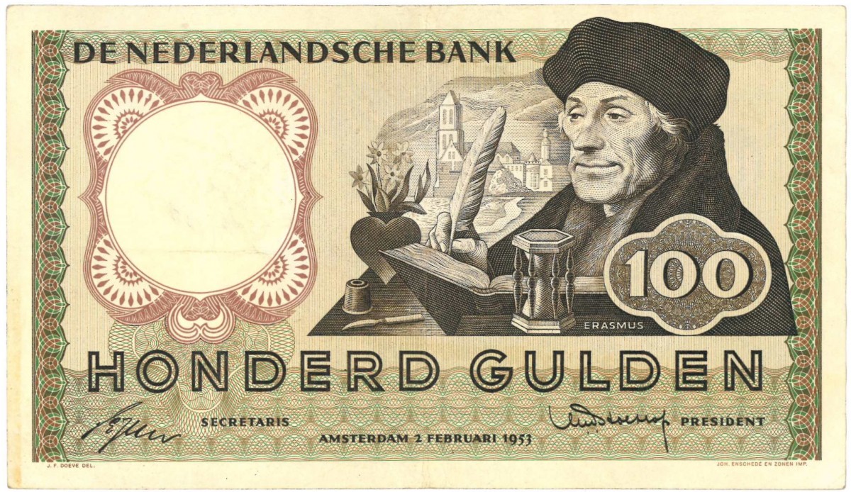 Nederland. 100 gulden. Bankbiljet. Type 1953. Type Erasmus. - Zeer Fraai +.