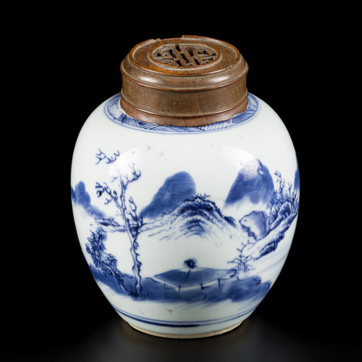 Een porseleinen gemberpot met landschapsdecor, China, 18e eeuw.