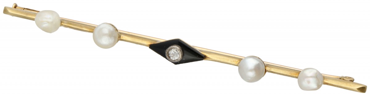 14 kt. Geelgouden art deco broche bezet met ca. 0.04 ct. diamant gezet op onyx en zoetwaterparels.