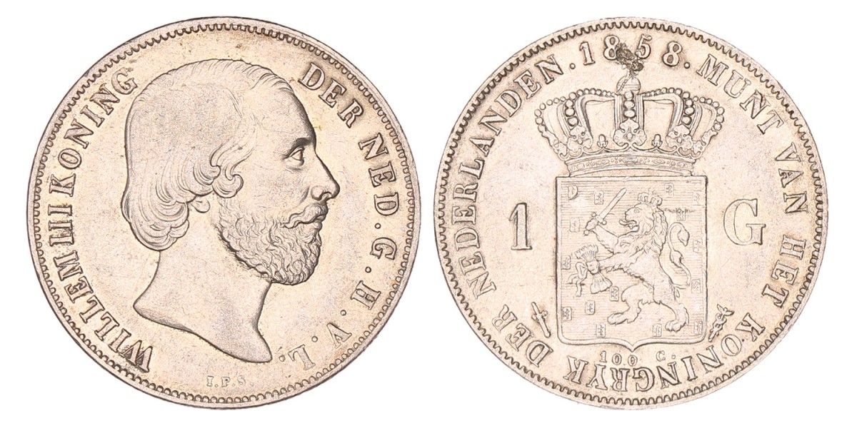 1 Gulden. Willem III. 1858. Prachtig.