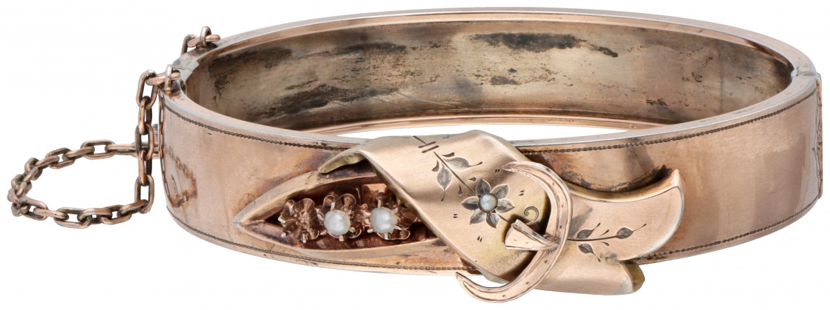 Roségoud vergulde zilveren antieke bangle armband bezet met zaadparel - 800/1000.
