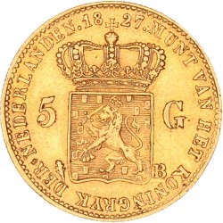 5 gulden goud. Willem I. 1827 B. Zeer Fraai +.