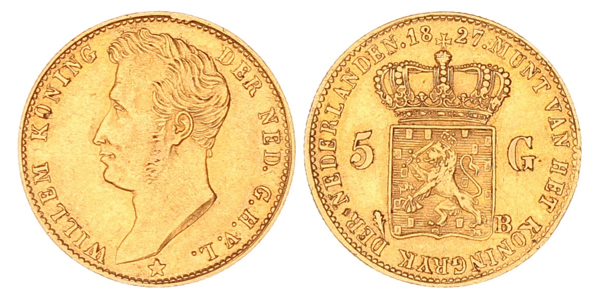 5 gulden goud. Willem I. 1827 B. Zeer Fraai +.