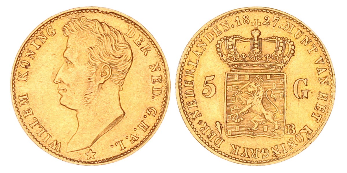 5 gulden goud. Willem I. 1827 B. Zeer Fraai +.