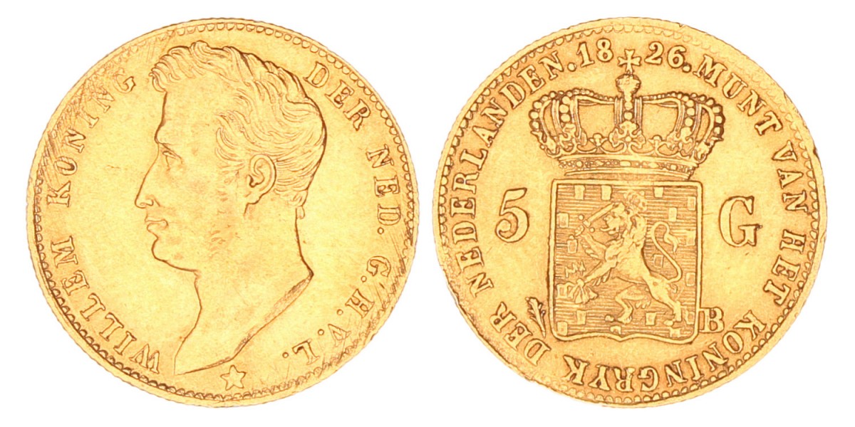 5 gulden goud. Willem I. 1826 B. Zeer Fraai +.