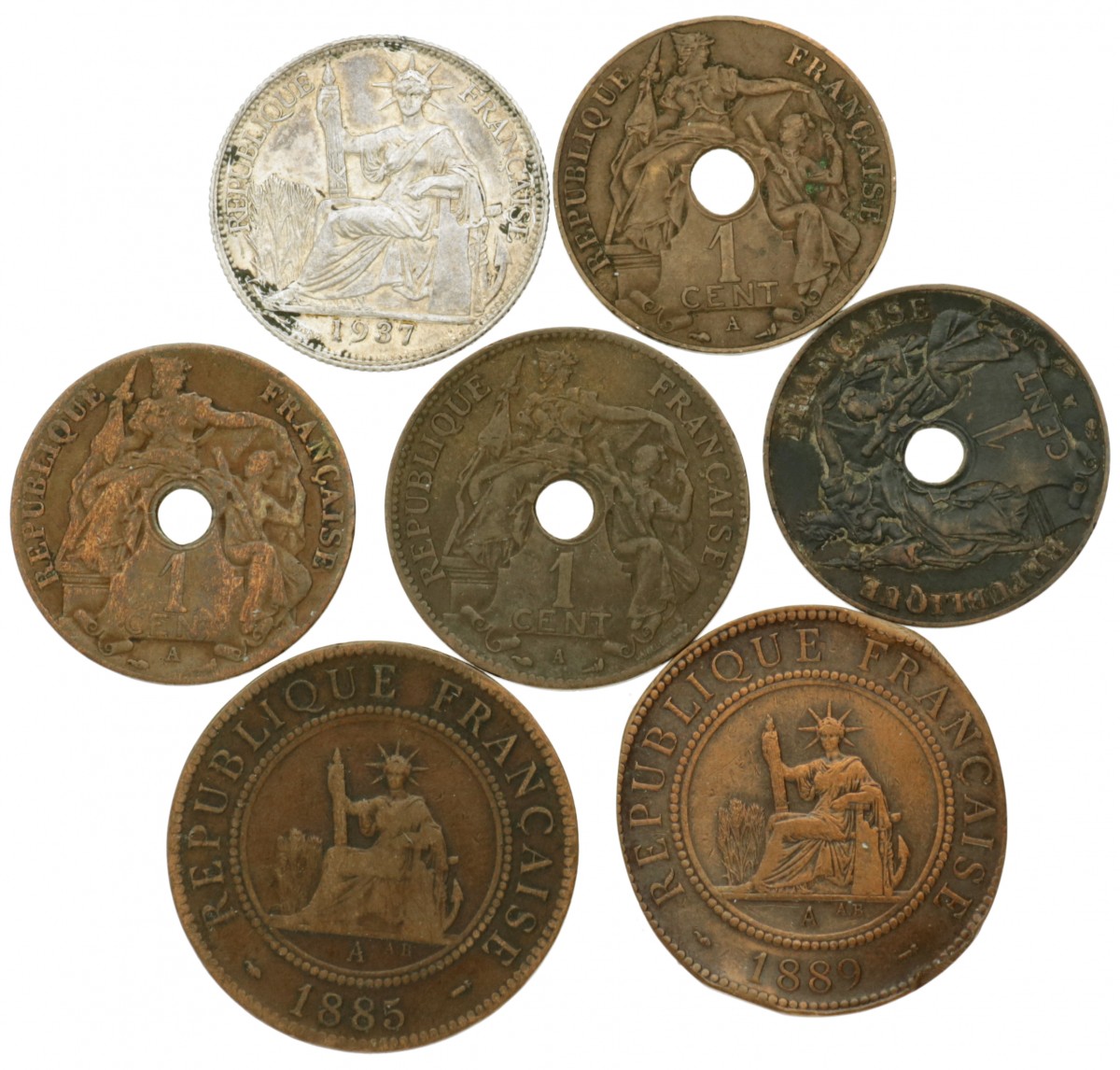 French Indochina. Lot (7) 1 Centime - 20 Centimes. 1885 - 1937.