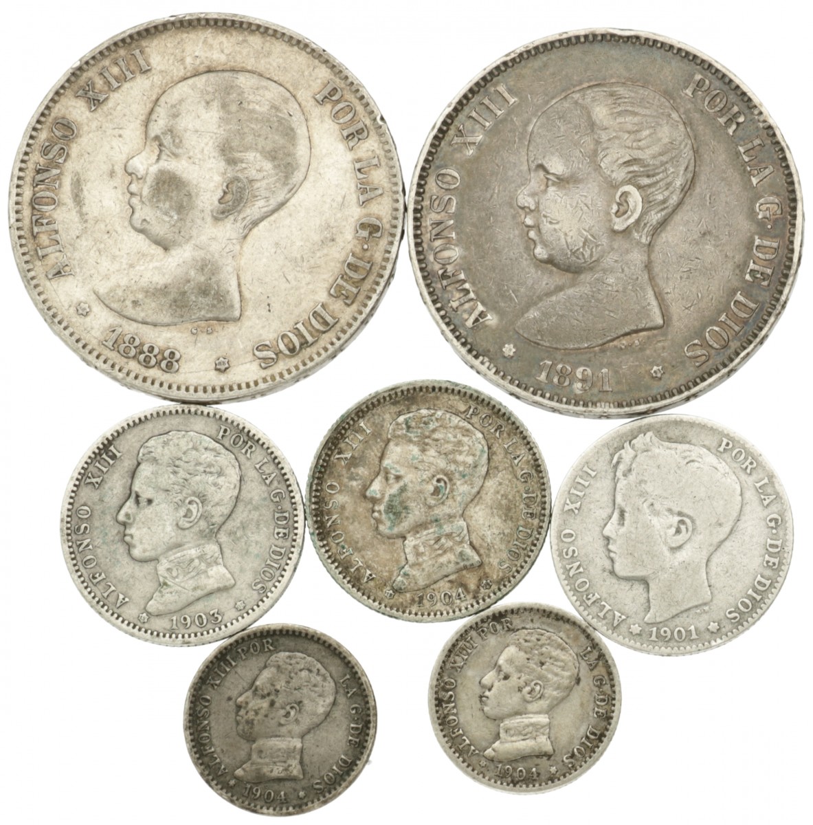 Spain. Alfonso XIII. Lot (7) 50 Cent - 5 Pesetas. 1888 - 1904. VF - XF.