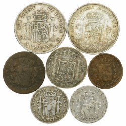 Spain. Alfonso XII. Lot (7) 5 Centimos - 5 Pesetas. 1875 - 1885.