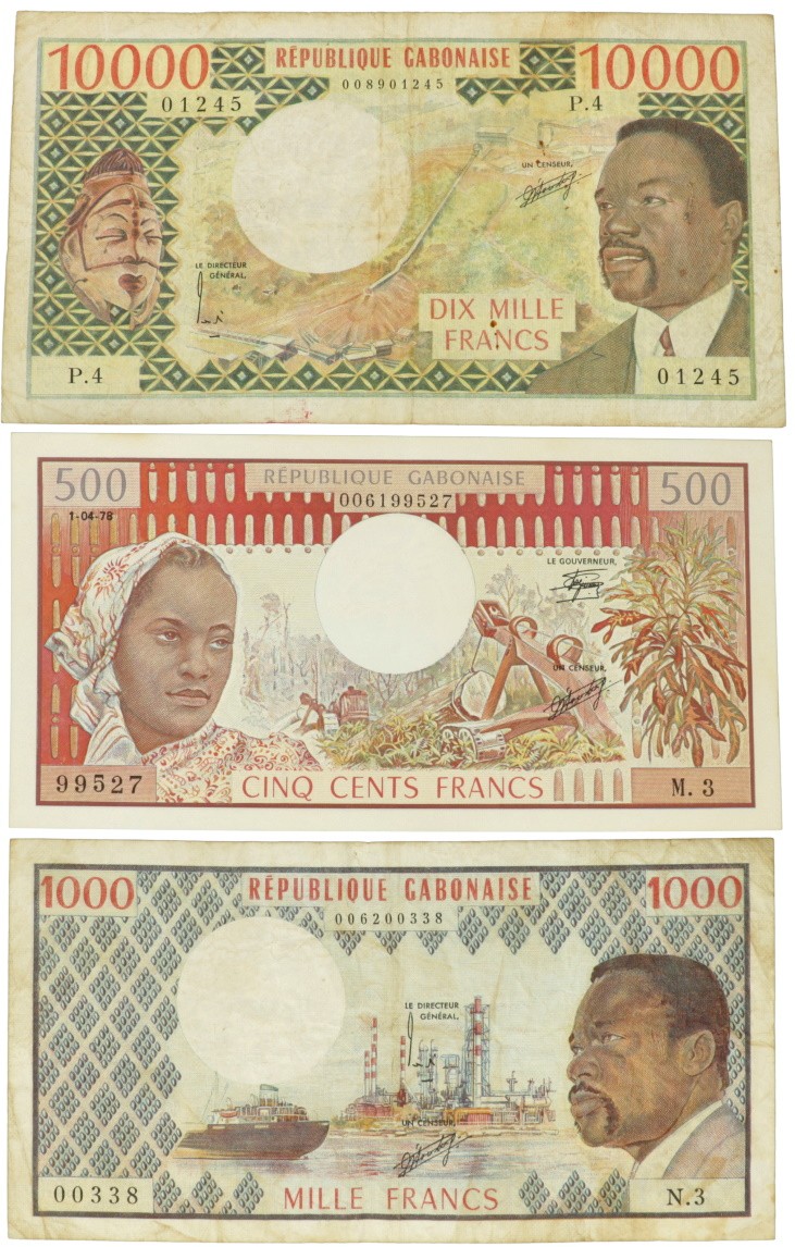 Gabon. 500/1000/10000 Francs. Banknote. Type 1974-1978. - Very good – Extremely fine.