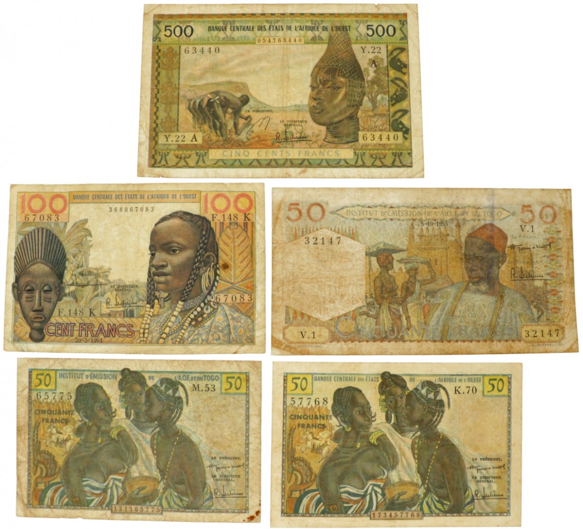 West African States. 3x50/100/500 Francs. Banknote. Type 1956-1965. - Very good.